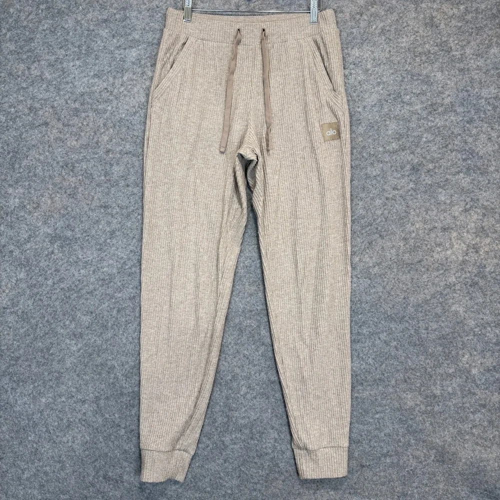 Alo Yoga Muse Ribbed Sweatpants‎ Joggers Womens Medium Gravel Heather Beige Knit